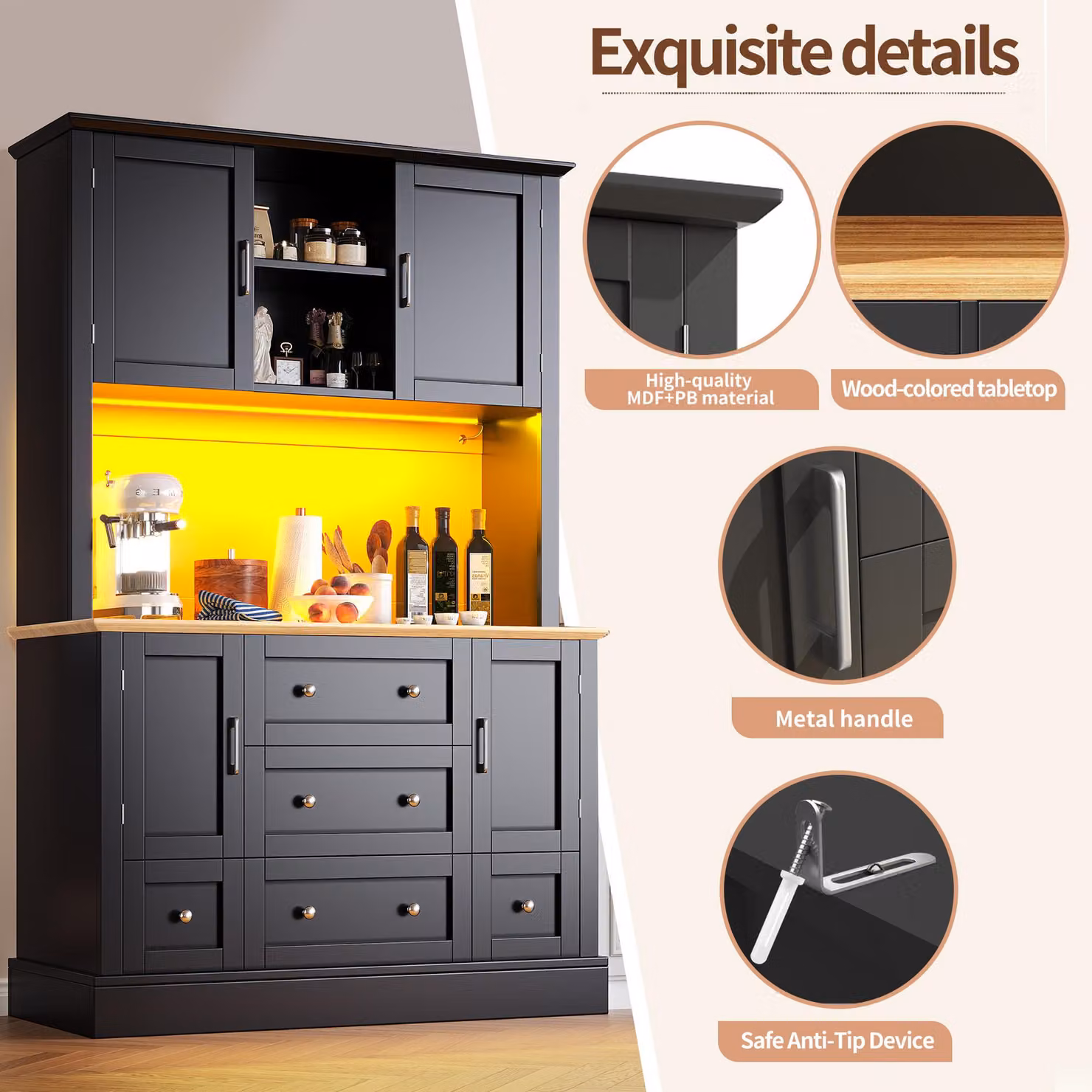 Aosom UK Tall Kitchen Cabinet with Open Middle Shelf, Five Drawers and LED Lighting, Black, W: 40 cm, D: 40 cm, H: 180 cm – 4