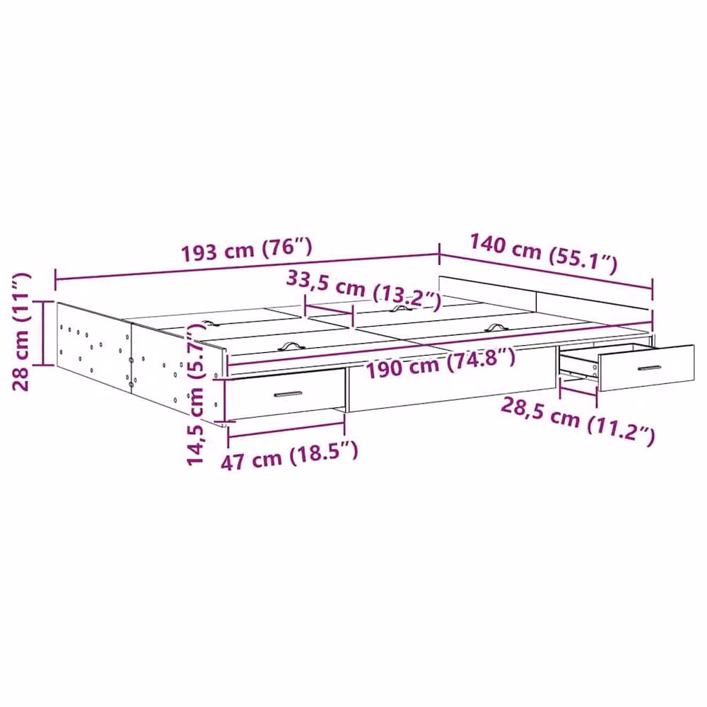 Berkfield Home Storage Bed Frame in Concrete Grey with Drawers, W/D/H: 140 x 190 cm – 2