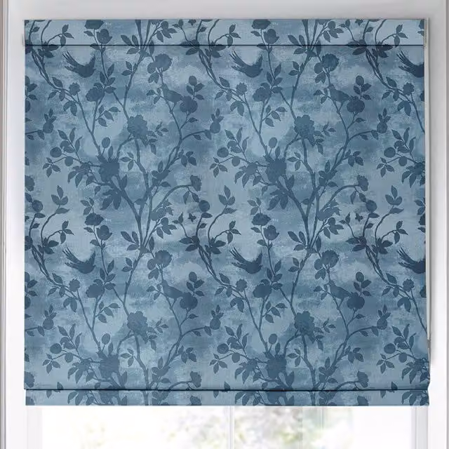 Laura Ashley Eglantine Silhouette Woven Made to Measure Blackout Roman Blind in Seaspray Blue Floral