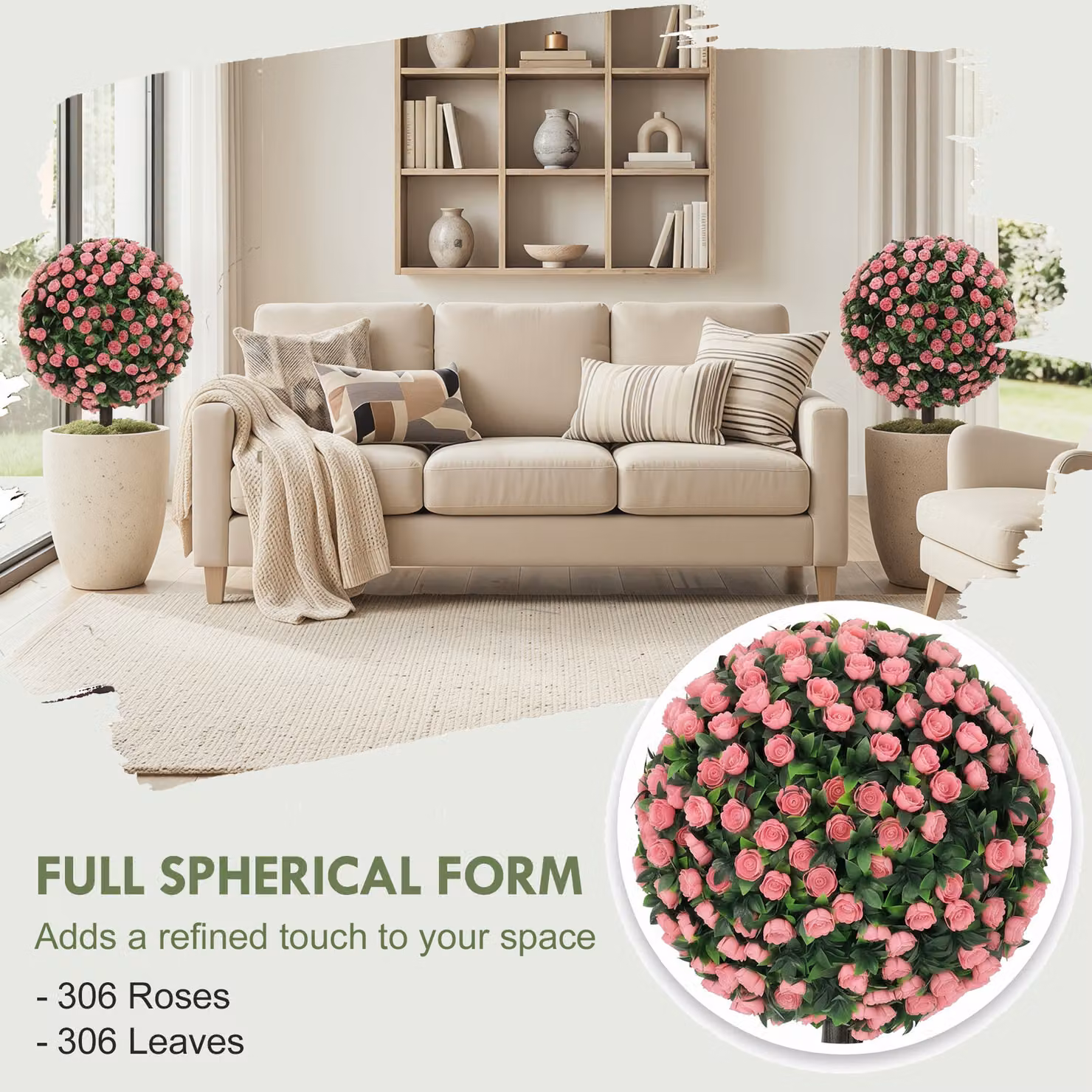 HOMCOM 2-Pack Pink Artificial Rose Topiary Trees, UV Resistant Round Floral Tabletop Plants, Height: 55 cm – 7