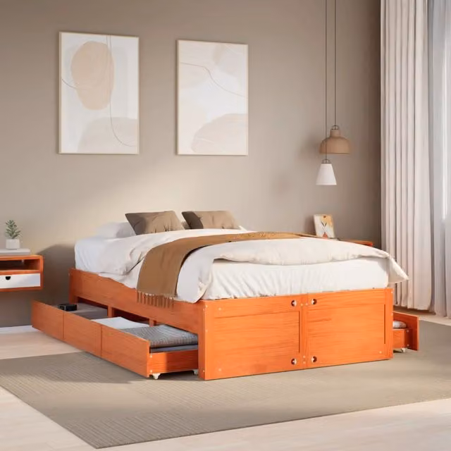 Berkfield Home Double Solid Wood Pine Bed Frame with Drawers, Wax Brown, W: 135 cm, L: 190 cm