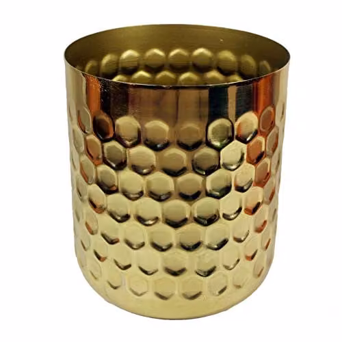Leaf Design Honeycomb Metal Tabletop Planter in Gold and Yellow, W/D/H: 15.5 x 18.0 x 15.5 cm