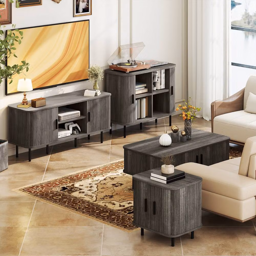 STILVORA Mid-Century TV Stand with 2 Doors and Shelves in Matt Grey – 11