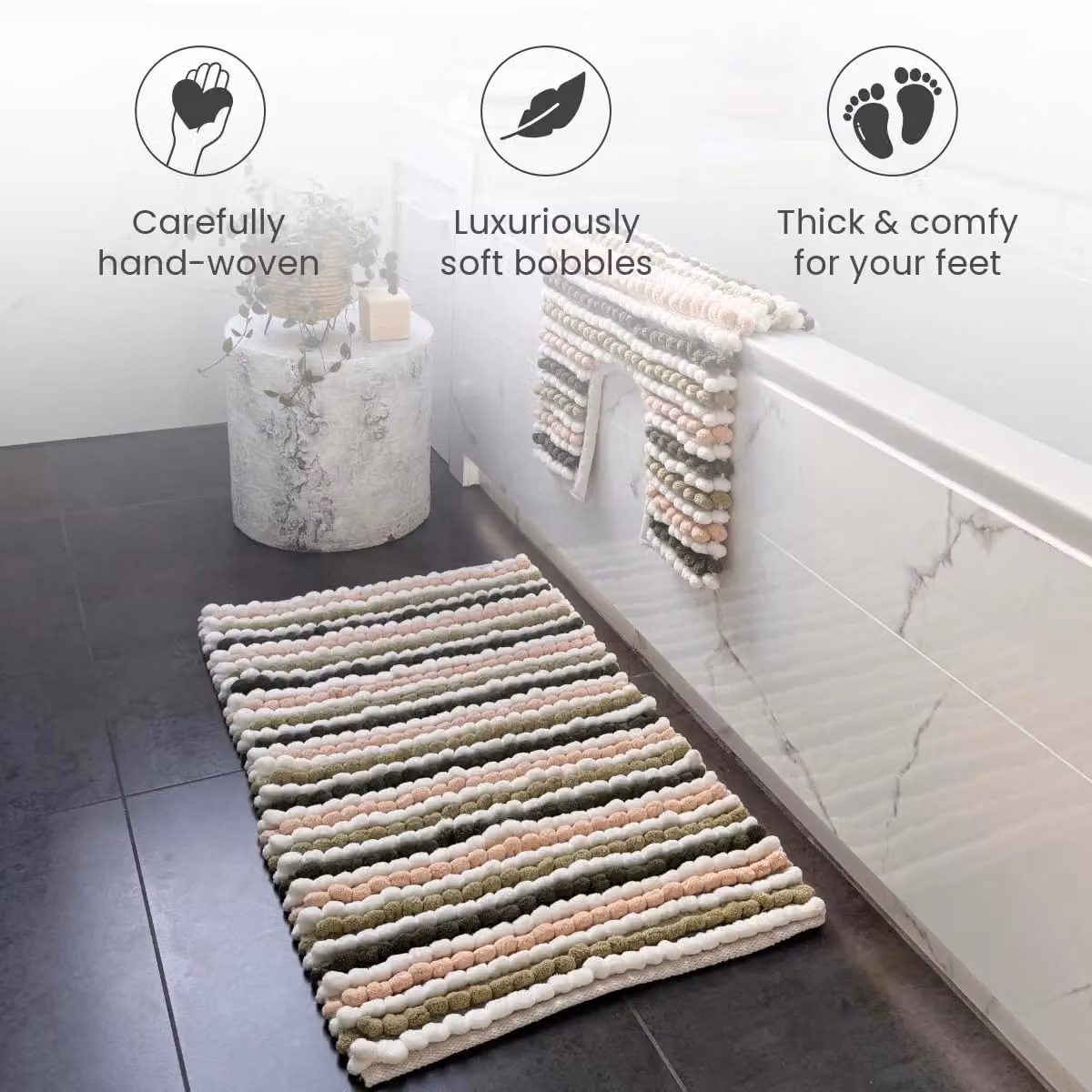 Allure Bath Fashions Green Striped Chunky Bobble 2 Piece Bath Mat and Toilet Mat Set – 3