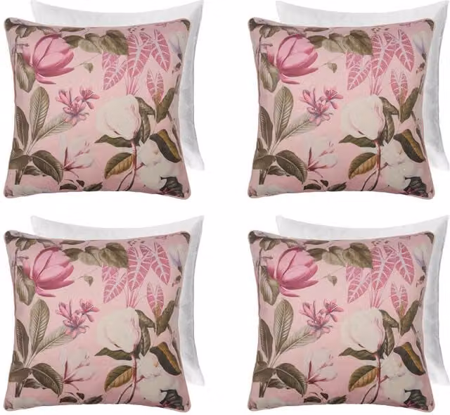 OHS Pack of 4 Square Matte Velvet Floral Filled Cushions in Blush Pink