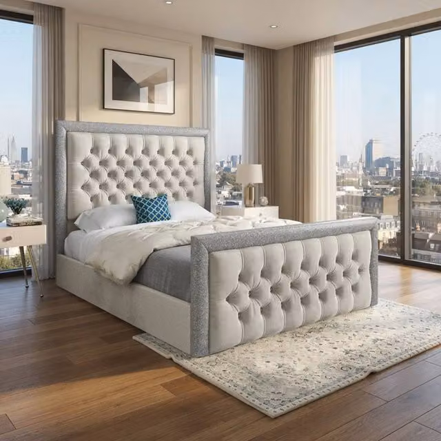 Casani Thorpe Designer Upholstered Velvet Bed Frame in Beige, W/D/H: 120 x 200 x 83 cm