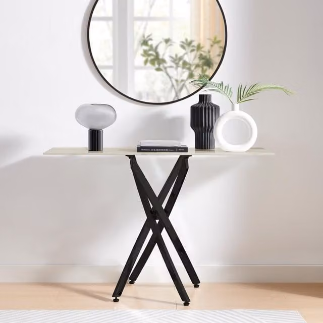 FurnitureboxUK Leonardo Rectangular Marble Effect Glass Top Console Table with Black Metal Starburst Legs in White – 1