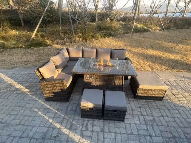 Fimous 9 Seater Rattan Garden Furniture Set with Gas Fire Pit Dining Table, Left Corner Sofa, Chairs and Small Footstools in Dark Grey