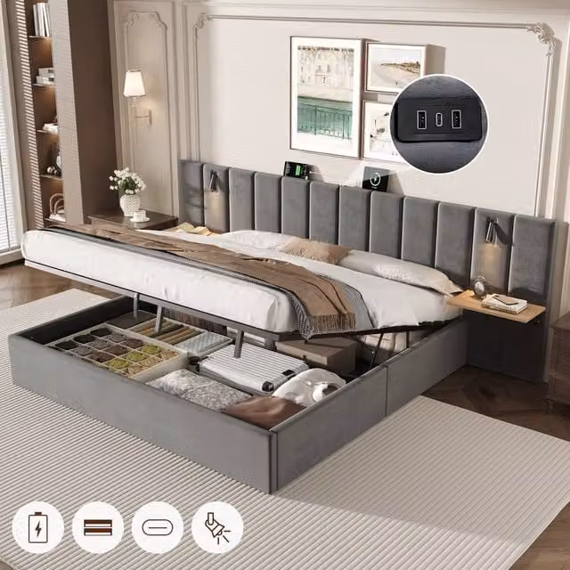 BTM Grey Velvet Upholstered King Size Bed with USB Charging Port, Integrated Reading Light and Lift Up Storage Base, W/D/H: 180 x 200 cm
