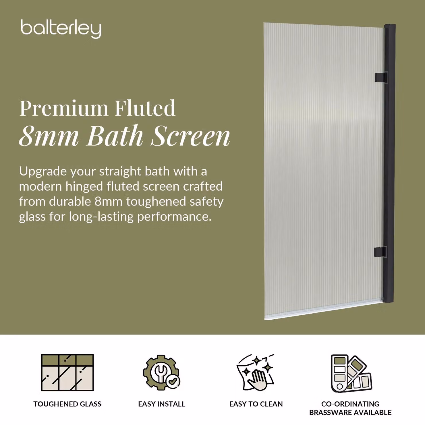 Balterley Square Hinged Fluted Glass Bath Screen, Matt Black, W: 83 cm, H: 152 cm, D: 8 mm – 2