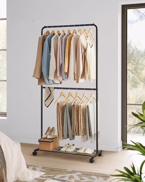 SONGMICS Rolling Clothes Rack with Middle Rod and Storage Shelf in Matt Black – 1