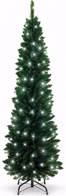 Shatchi Green Slim Pencil Artificial Christmas Tree with Cool White LEDs and Metal Stand, Height: 1.5 m – 8