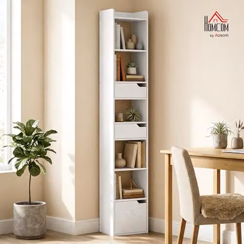 HOMCOM 5-Tier Modern Bookcase with Drawers and Cabinet in White Wood Effect – 2