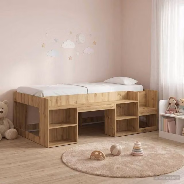 Berkfield Home Kids Bed Frame with Side Compartment Storage in Artisan Oak Brown, W/D/H: 90 x 200 cm