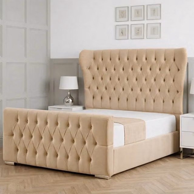 Living Comfort Bedz Velvetine Upholstered Gas Lift Storage Bed in Beige, Super King Size