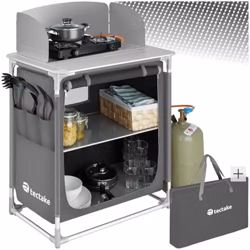 tectake Portable Camping Kitchen in Grey with Aluminium Frame, 2 Shelves, 3 External Pockets, Heat-Resistant Worktop and Zipped Door, W/D/H: 107 x 53.5 x 76 cm