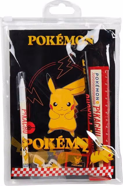 Pokemon Multicolour Plastic Zip Flat Pouch School Stationery Set
