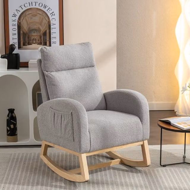 Direct Wicker Mid Century Modern Teddy Bouclé Fabric Upholstered Rocking Chair in Light Grey