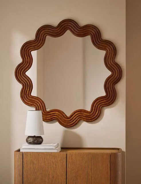 M&S Scallop Ribbed Wooden Wall Mirror in Natural Brown