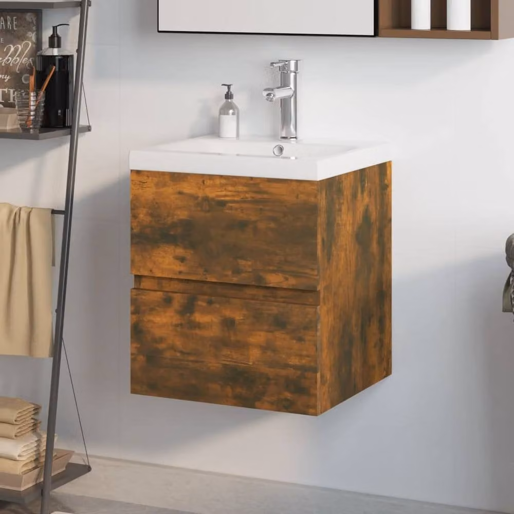 Berkfield Home Wall Mounted Bathroom Sink Cabinet with Built-in Basin in Smoked Oak Brown – 2