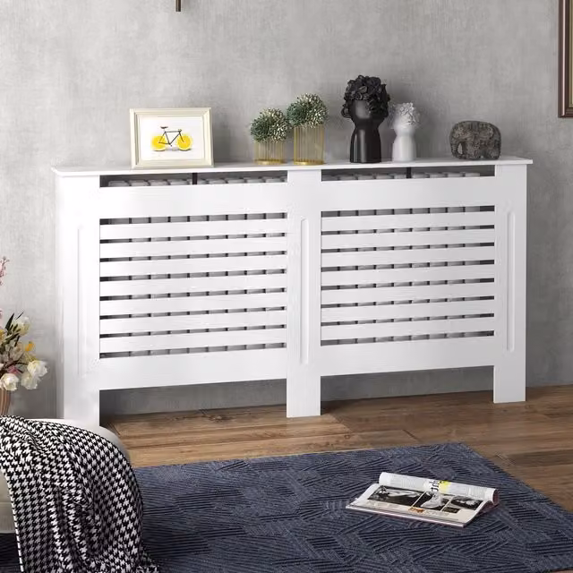 HOMCOM White Painted MDF Radiator Cover Wooden Cabinet with Horizontal Slats, W/D/H: 152 x 19 x 81 cm
