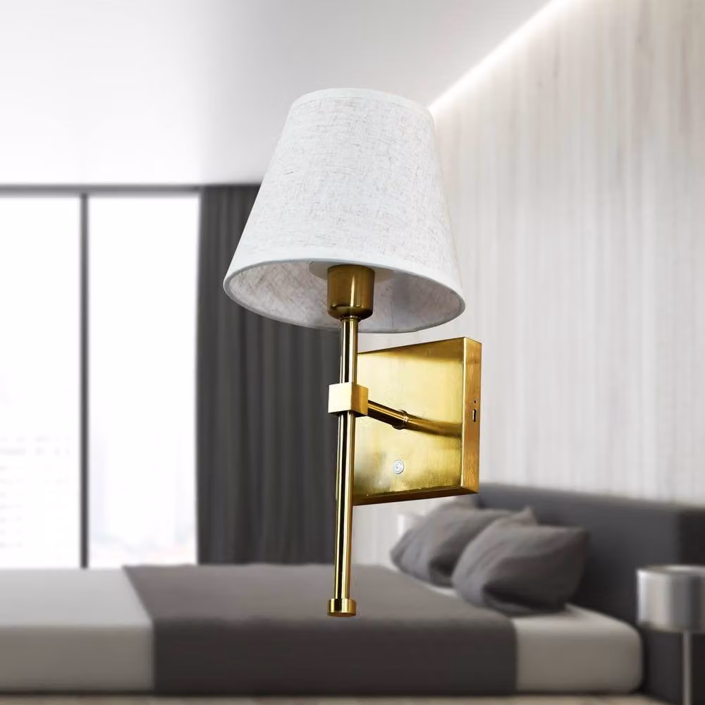 First Choice Lighting Set of 2 Horrace Brass Rechargeable Wall Lights with Gold Linen Shades – 3