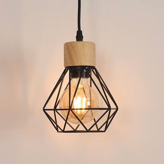 Pheashine Black Industrial Pendant Light with Wood Accents, E27, Shade Diameter: 15 cm, Adjustable Cord: 150 cm