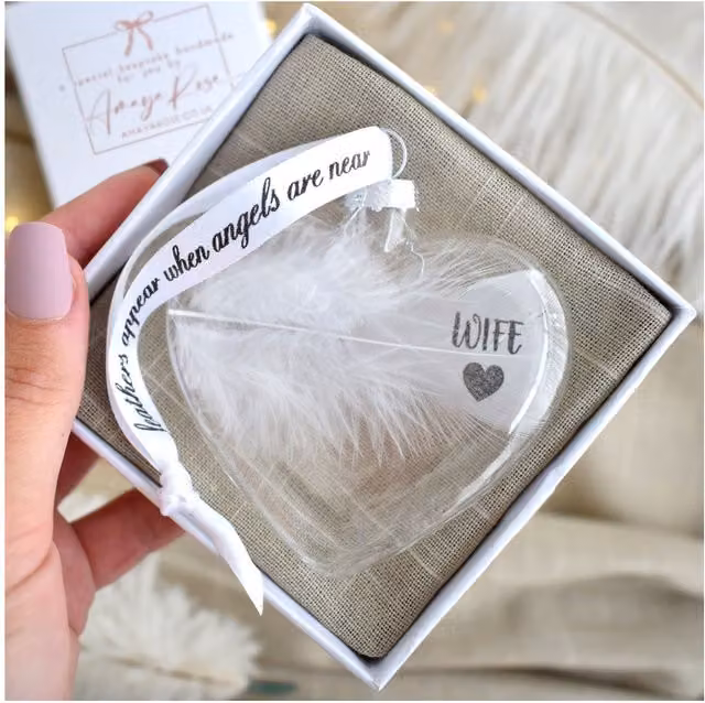 Amaya Rose Ltd In Memory of Wife Feather Heart Glass Bauble in White and Transparent