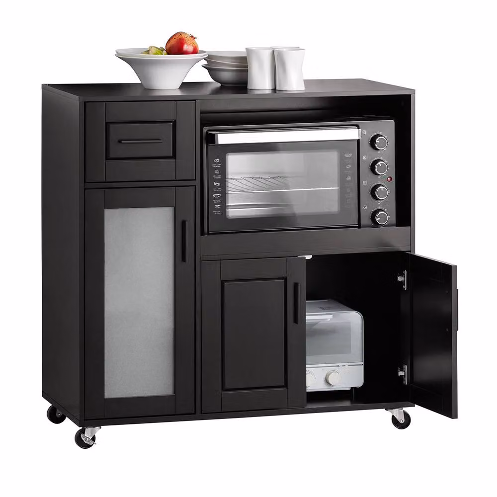 SoBuy Black Rustic Kitchen Trolley with Glass Doors and Appliance Housing Unit – 3