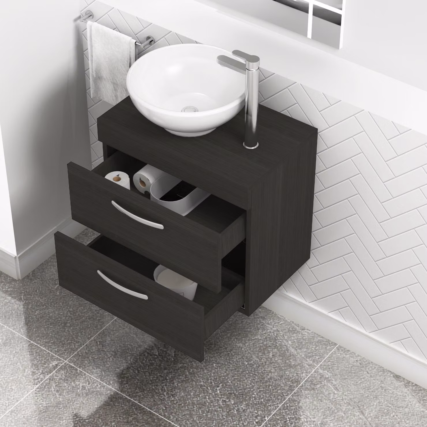 Royal Bathrooms Charcoal Oak 600mm Wall Mounted Bathroom Vanity Unit with 2 Drawers and Breeze Countertop Sink