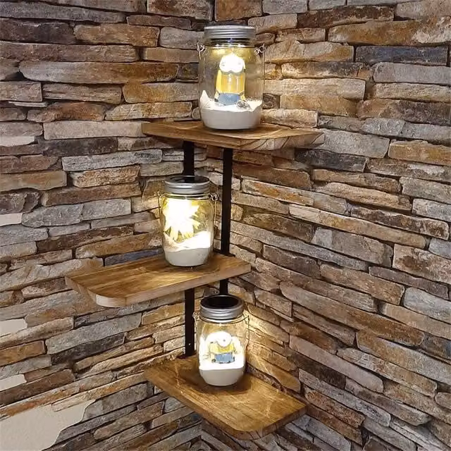 VOGREX 3-Tier Lucca Rustic Corner Wall Mounted Shelf in Brown and Black, W/D/H: 43.7 x 25.9 x 13.0 cm