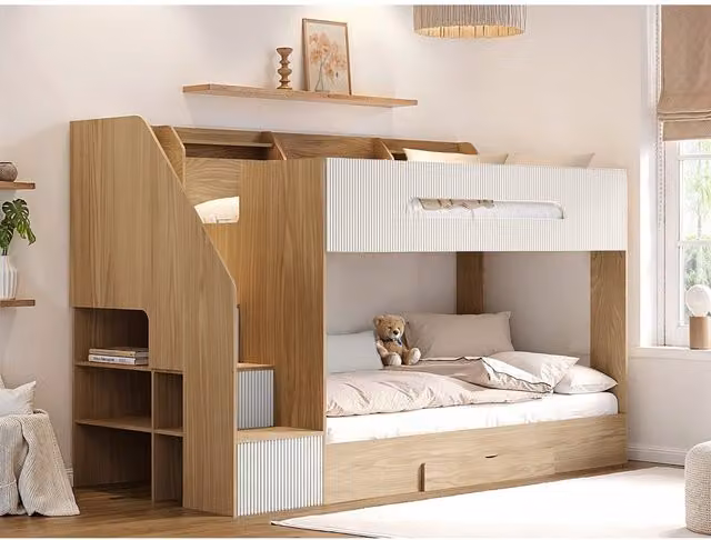 Flair Furnishings Finn Single Staircase Bunk Bed with Storage in Oak and White – 1