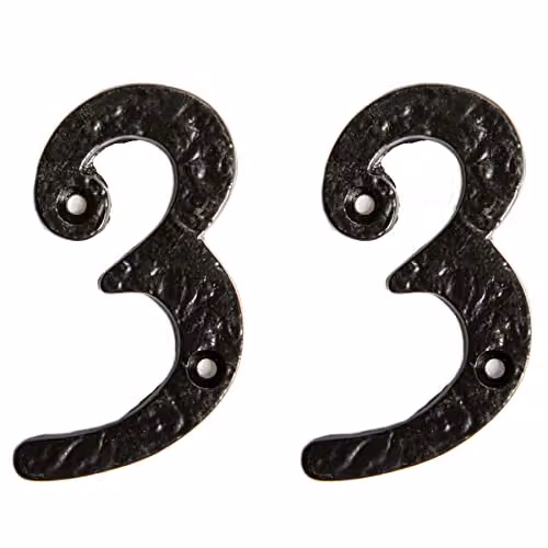Hammer and Tongs Rustic Iron Number 3 Metal Numerals in Black, Pack of 2, Height: 7.5 cm – 2