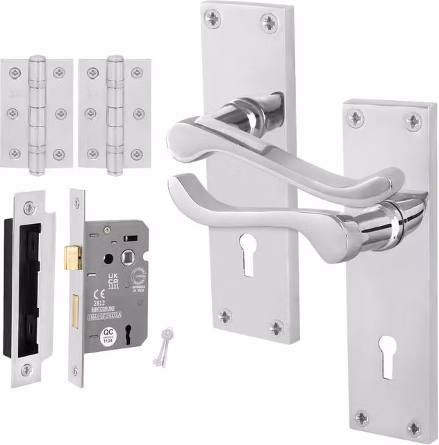 AFIT Chrome Scroll Handle Sashlock Escutcheon and Hinges Set in Silver, W/D/H: 15.0 x 15.2 x 15.0 cm