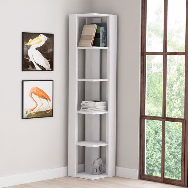 Decortie Nati Tall Modern Corner Bookcase Display Unit in White, Height: 161 cm