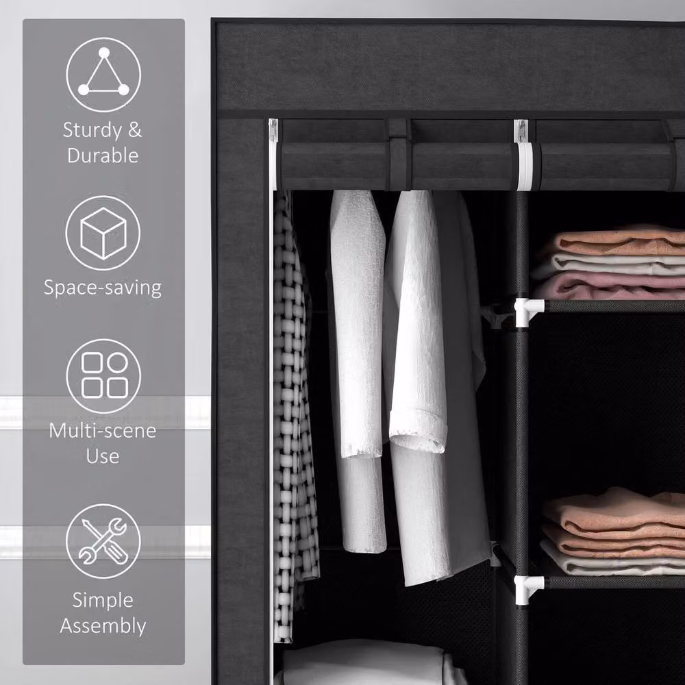 NESTLUNE Black Fabric Portable Wardrobe with Internal Shelves and Hanging Rod, W/D/H: 160 x 45 x 160 cm – 4