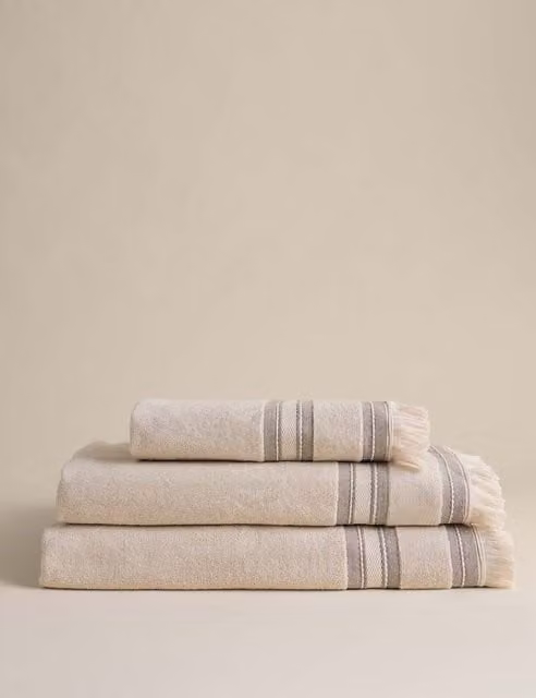 M&S Cotton Rich Fluffy Striped Towel with Fringed Border in Beige and Multicolour