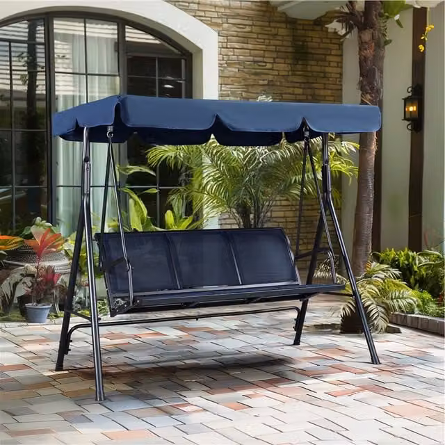 Yaheetech 3-Seat Outdoor Patio Swing Chair in Blue with UV-Resistant Sun Canopy and Textilene Fabric