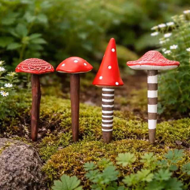 Marco Paul 4pc Red Toadstool Miniature Garden Ornaments Set in Resin