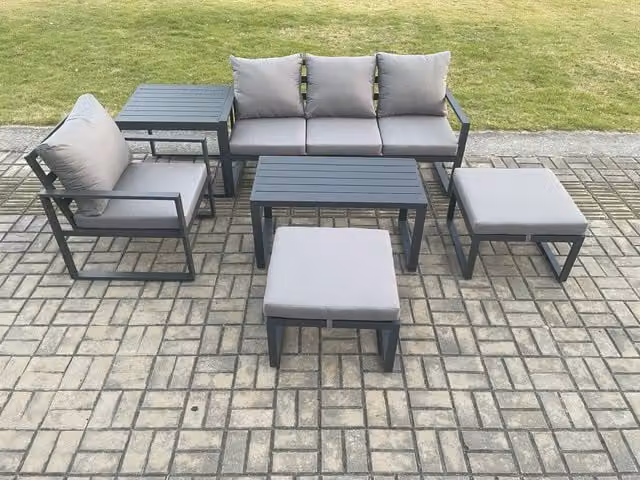 Fimous 6 Seater Powder Coated Aluminium Garden Furniture Set in Dark Grey with Cushions, Armchair, Two Ottomans and Coffee Table