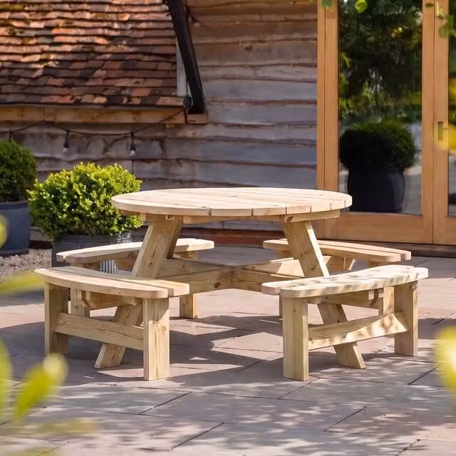 Primrose Eight Seater Round Wooden Garden Picnic Table and Bench in Brown, Diameter: 115 cm