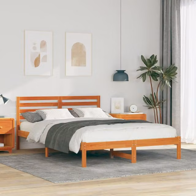 Berkfield Home Wax Brown Solid Pine Wood Bed with Headboard W/D/H: 140 x 210 x 80.5 cm – 1
