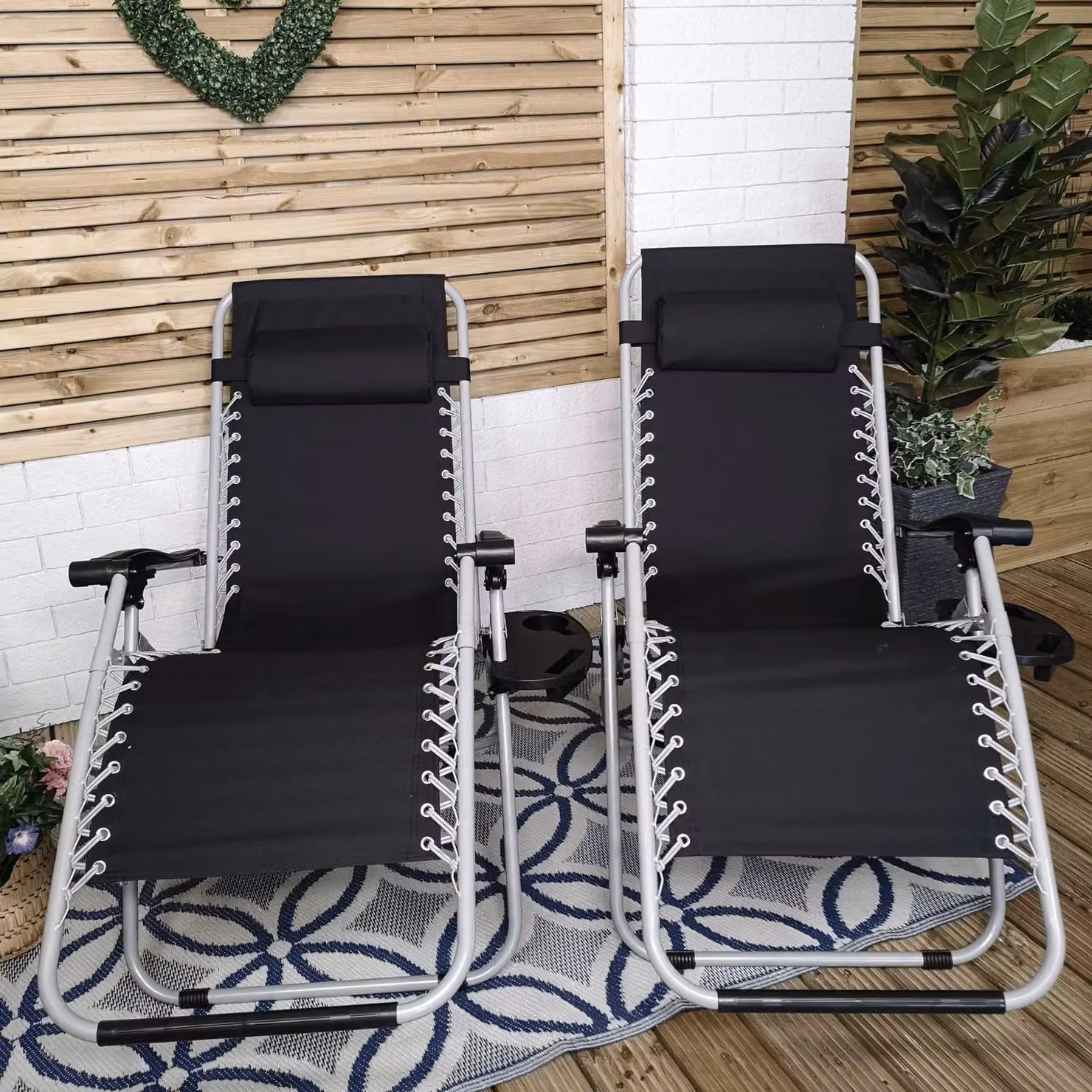 Samuel Alexander Set of 2 Multi Position Zero Gravity Relaxer Sun Loungers in Black and Silver with Textilene Fabric and Cup Holders – 2