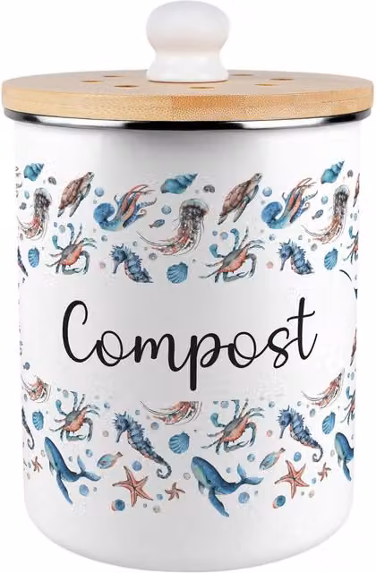 Purely Home Metal Kitchen Food Waste Compost Caddy with Flip Lid, 2L, Blue and White