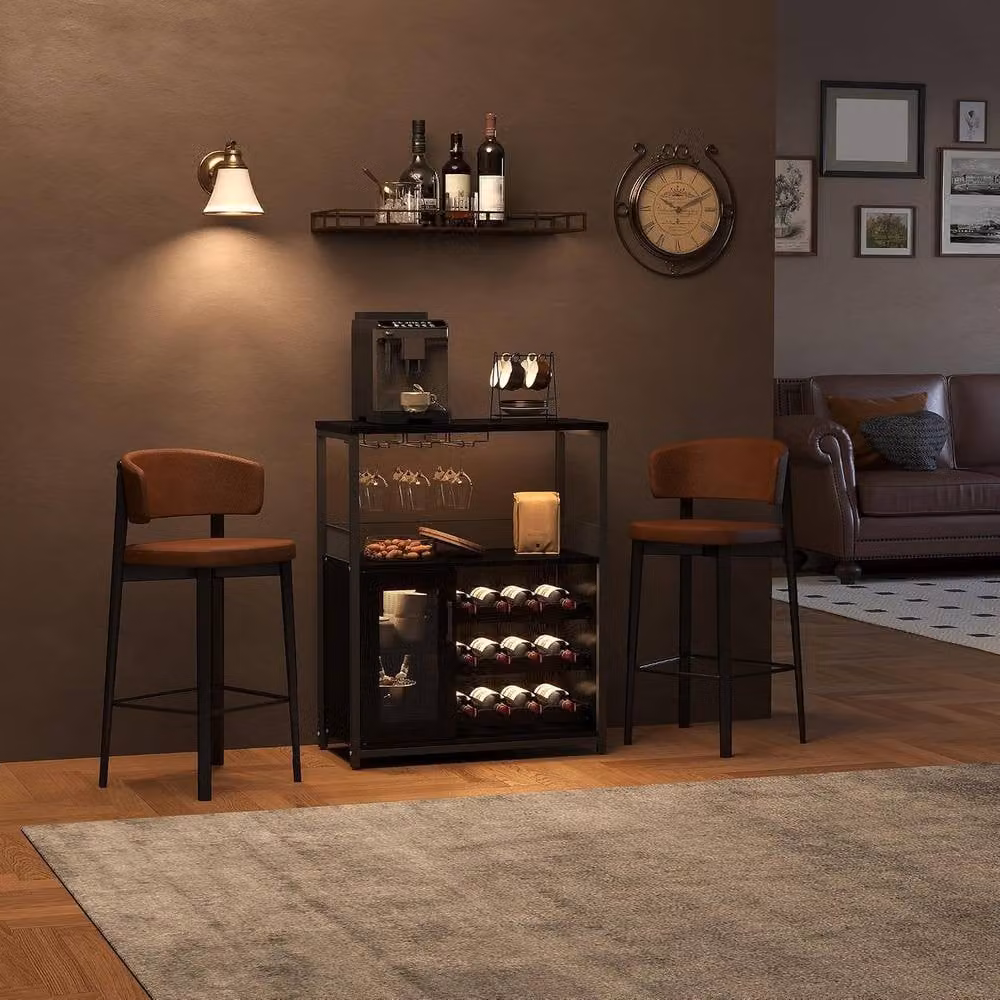 London Boutique Black Industrial Freestanding Wine Cabinet with Integrated LED Lighting, Bottle Rack and Glass Holder – 3
