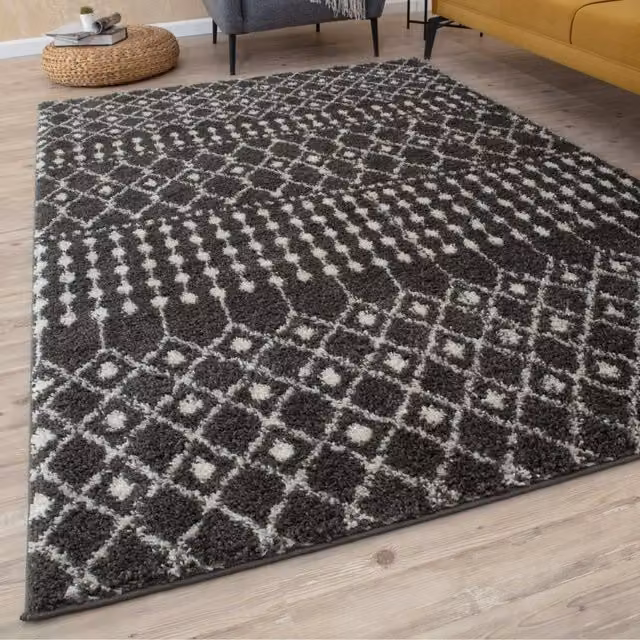 THE RUGS Moroccan Soft High Pile Shaggy Tribal Rug, W/D/H: 120 x 170 cm, Dark Grey – 1