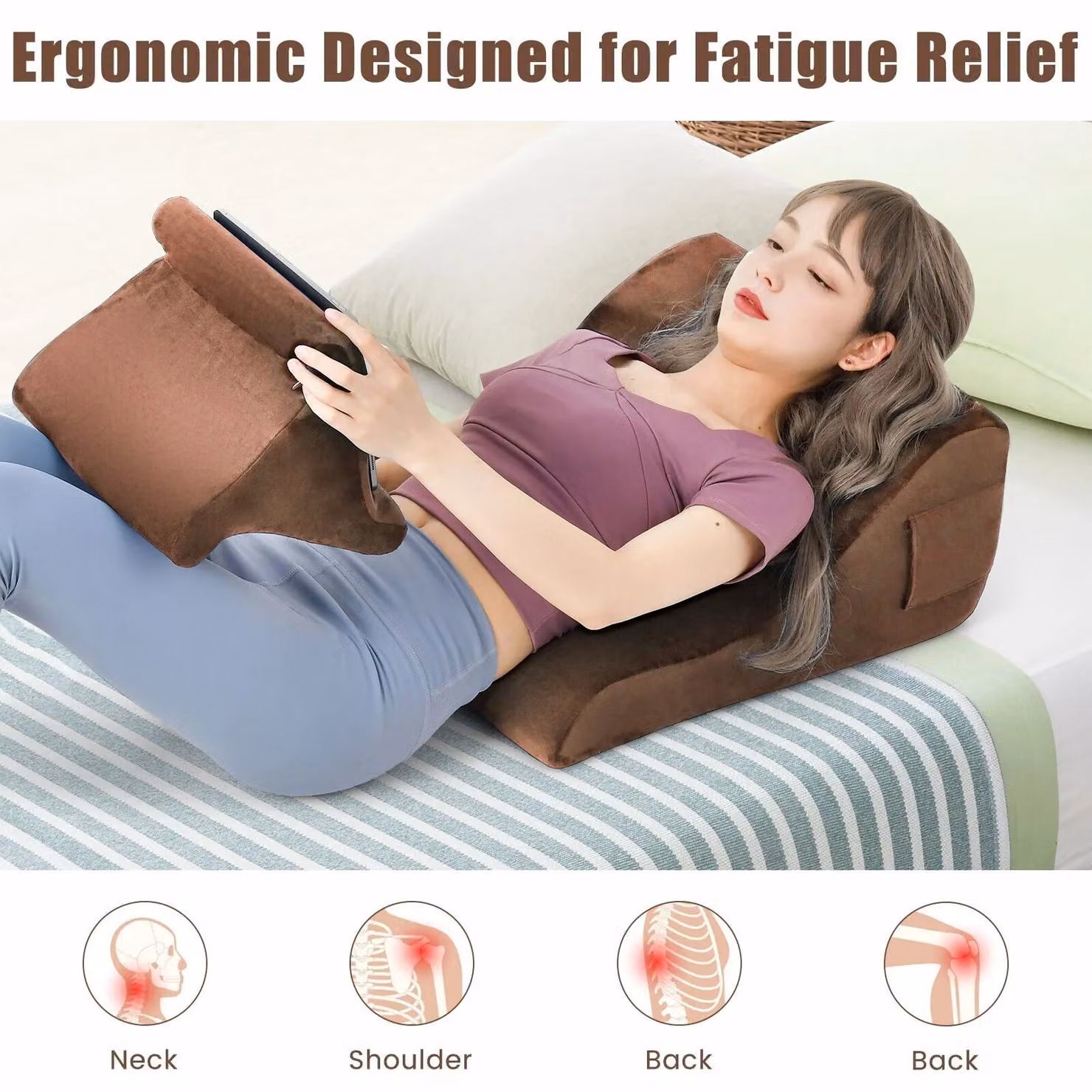 Costway 4 in 1 Brown Velvet Bed Wedge Pillow with Tablet Stand and Side Pockets, High Resilience Foam – 5