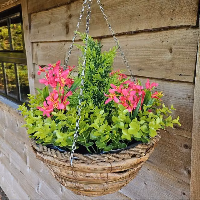 Best Artificial Pink Daffodil Hanging Outdoor Garden Basket with Rattan Details