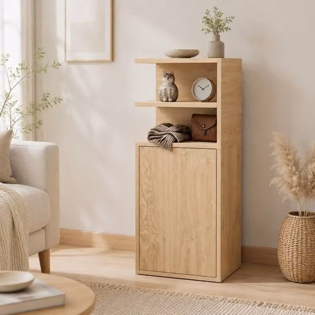 STILVORA Set of 2 Bedside Tables with Open Cubbies and Door in Light Oak