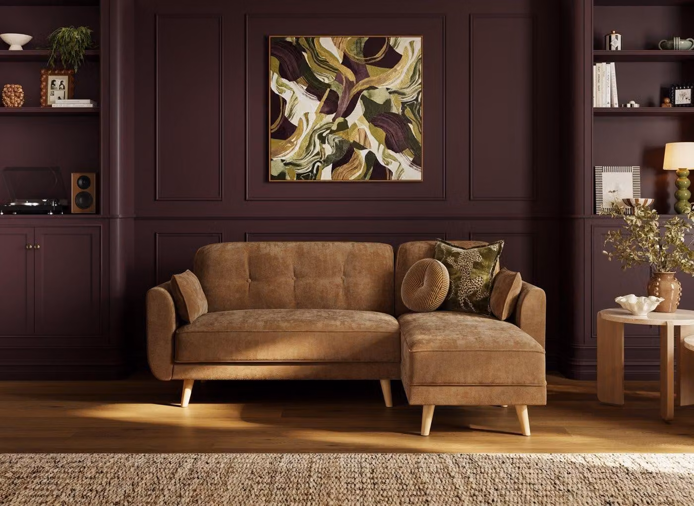 Dreams Ballymena Brown Fabric 3-Seater L-Shape Corner Clic-Clac Sofa Bed with Scatter Cushions
